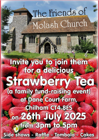Poster for Strawberry tea on 26th July 2025 in aid of Friends of Molash Church at Dane Court Farm